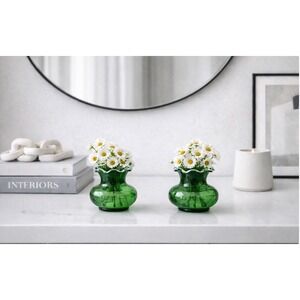 2‎ Mid Century Forest Green Ruffled Crimped Rim VASES Anchor Hocking 3.5" H